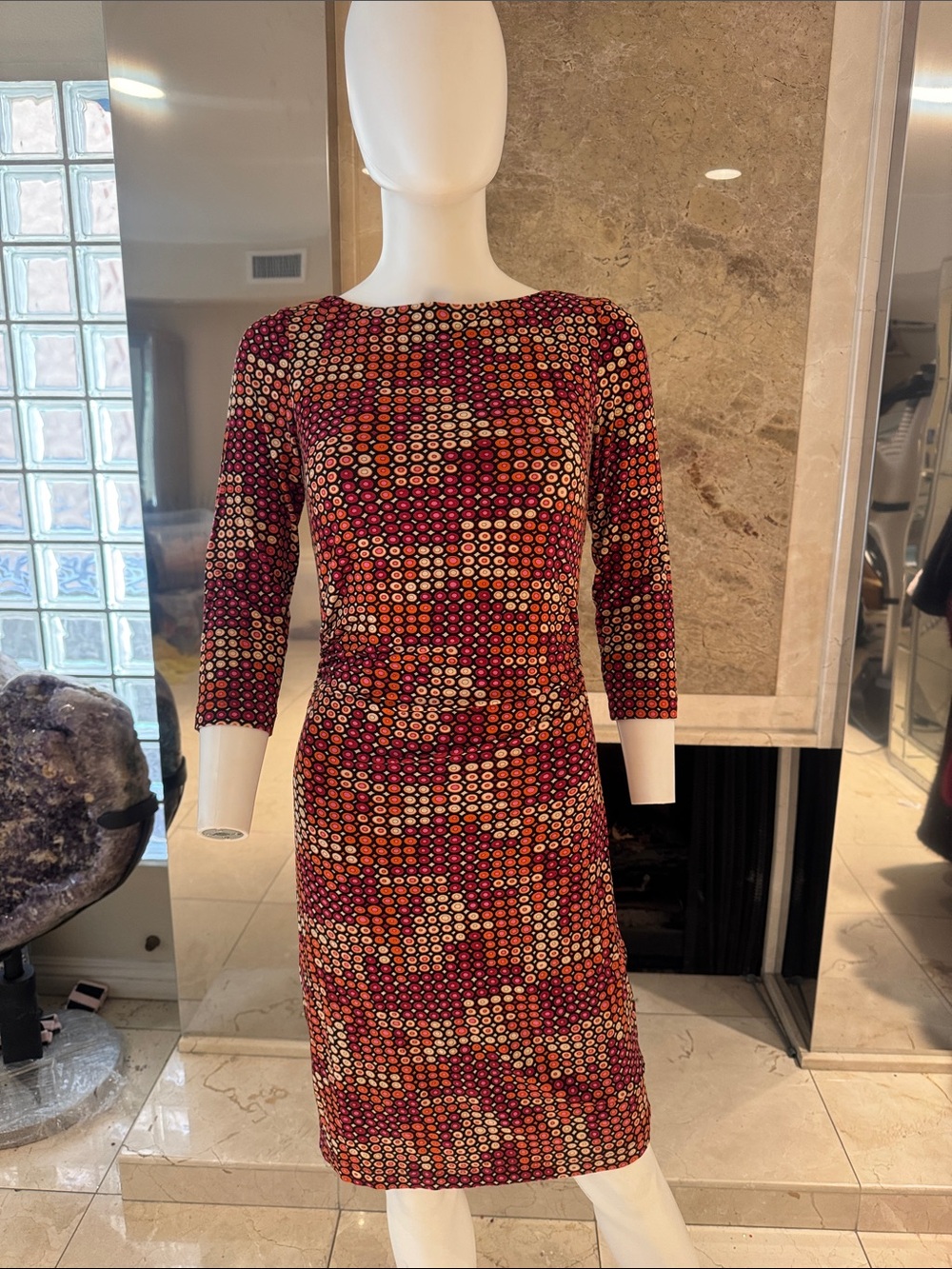 David Meister Geometric Print Stretch Sheath Dress Orange Red